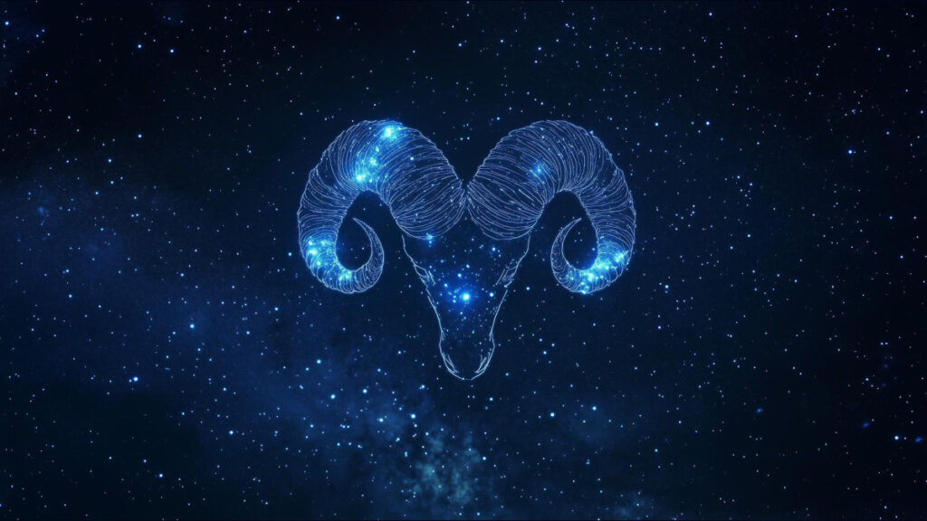 Ilustração do símbolo de Áries em uma composição celeste.