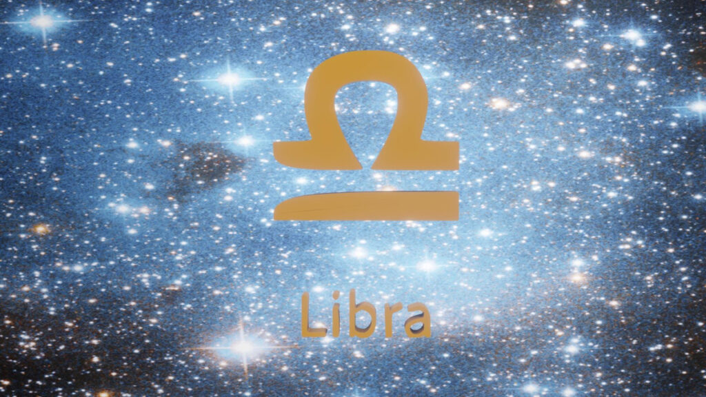 Ilustração do símbolo de Libra em uma composição celeste.